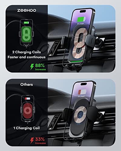 ZEEHOO Wireless Car Charger, DUOXX Dual Coils 15W Fast Charging Auto-Clamping Car Mount, Dashboard, Vent Charging Phone Holder for iPhone 17 16 15 14 13 12, S23 Ultra, Z Flip4 3, etc