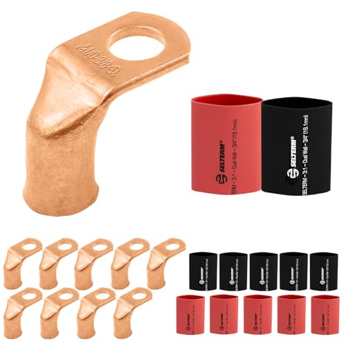 SELTERM 10pcs, 1/0 AWG 3/8" Stud 90° Bent Low Voltage Drop Bare Copper Lugs - color: 90° Bent Lugs, size: 1/0 Awg - 3/8" (M10) Ring