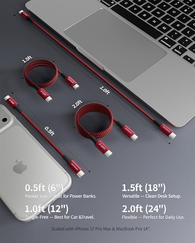 2-Pack 1.5ft 240W USB C to C Cable, Travel Station Laptop Hub - color: Red, size: 1.5 ft (18 in)