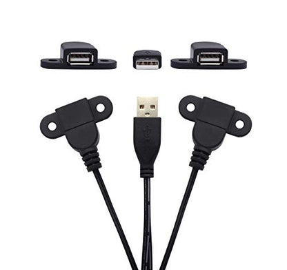 QiCheng&LYS USB 2.0 Male to Dual Female Charging Extension Cable, Furniture nightstand Sofa Electric Vehicle on-Board Charging Port, Panel Mount Cable with Screw Hole 5ft (2pcs) - color: 2 pcs Dual Female Black