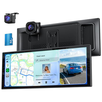 10.26" Wireless Portable 60FPS CarPlay Screen with 4K Front & HD Rear Dual Dash Cam for Apple Car Play & Android Auto 1920*720 Fully Laminated Tablet with Mirror Link, Bluetooth, GPS Navigation