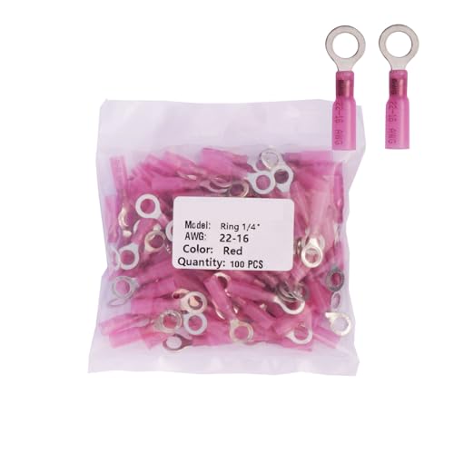 100PCS Pink 1/4" Heat - Shrink Ring Connectors, AWG 22-16 Gauge Tinned Red Copper 0.7mm Ring Terminals Connectors – an Efficient and Reliable Electrical Connection - color: Pink, size: Ring 1/4"