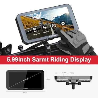 INNOVV N1Pro Motorcycle Carplay Dash Cam, 6" Touch Screen Support Android Auto & iOS, 1080P + 1080P Front and Rear Camera with GPS Navigation, Music, 5.8G Wi-Fi, IP67 Waterproof, App Connect