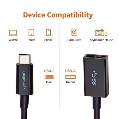 Amazon Basics USB 3.1 USB-C to USB-A Female Adapter Cable Converter, 5Gbps High-Speed, USB-IF Certified, Fast Transfer, Portable, for Laptops, Tablets, Phones (iPhone 16/15), Black - color: Black