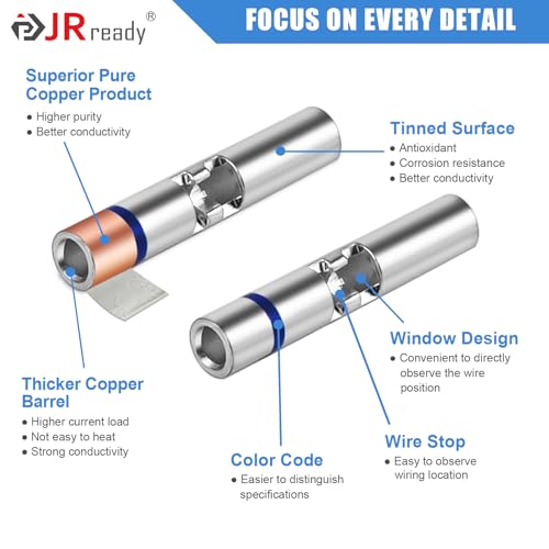 JRready 100Set AS81824 Crimp Splices IP68 Waterproof D-436-37 Blue Heat Shrink Butt Splice Connectors 20-16AWG (M81824/1-2 Equivalent) with Copper Crimp Splice & PVDF Tubes ST6389-16-100 - color: Blue Butt Splice&PVDF Tube-100Sets