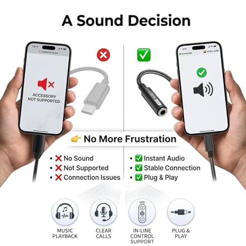 USB C to 3.5mm Hi-Res Audio Adapter, Built-in DAC, Type C to Aux Headphone Jack, Studio Quality Sound, Supports Calls, Compatible with iPhone 15 16 17, Samsung Galaxy S25 S24 S23, MacBook, iPad, Pixel