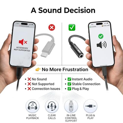 USB C to 3.5mm Hi-Res Audio Adapter, Built-in DAC, Type C to Aux Headphone Jack, Studio Quality Sound, Supports Calls, Compatible with iPhone 15 16 17, Samsung Galaxy S25 S24 S23, MacBook, iPad, Pixel