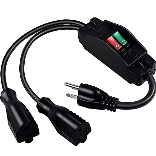 2 Way Extension Cord with On/Off Switch, 3 Prong Outdoor Extension Cord Splitter, Heavy Duty SJTW 14AWG 15A/125V and 18AWG 10A/125V Power Cord (1.6 Ft, Black) - size: 1.6 Ft