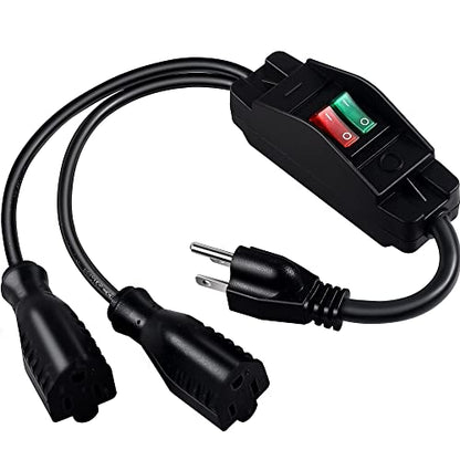 2 Way Extension Cord with On/Off Switch, 3 Prong Outdoor Extension Cord Splitter, Heavy Duty SJTW 14AWG 15A/125V and 18AWG 10A/125V Power Cord (1.6 Ft, Black) - size: 1.6 Ft