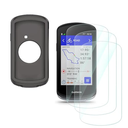 for Garmin Edge 1040/1040 Solar GPS Screen Protector & Case （grey） HD Tempered Glass Protective Film and Silicone Soft Frame Case Cover (Pack of 3+1)