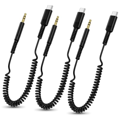 USB C to 3.5mm Aux Headphone Coiled Cable, Retractable Audio Jack Car Cord - color: Black-3
