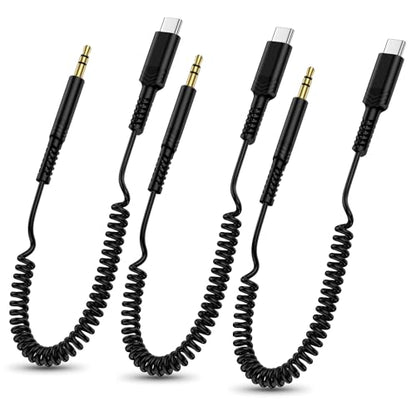USB C to 3.5mm Aux Headphone Coiled Cable, Retractable Audio Jack Car Cord - color: Black-3