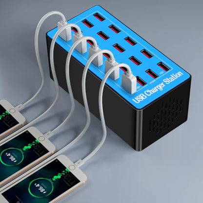 MaxLax USB Charging Station, 20-Port 100W/20A Multi-USB Charger Station for Smartphones, Tablets, and Other Devices - color: LIght blue-20 port