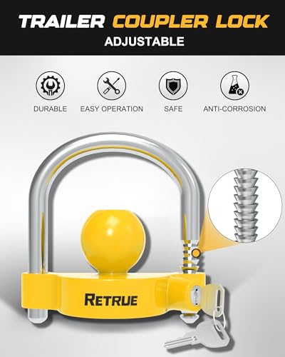 RETRUE Universal Coupler Lock Trailer Locks Ball Hitch Trailer Hitch Lock Adjustable Security Heavy-Duty Steel Fits 1-7/8 Inch, 2 Inch, 2-5/16 Inch Couplers, Bright Yellow, Light Weight (Pack of 2) - color: Bright Yellow, size: 2 Pack