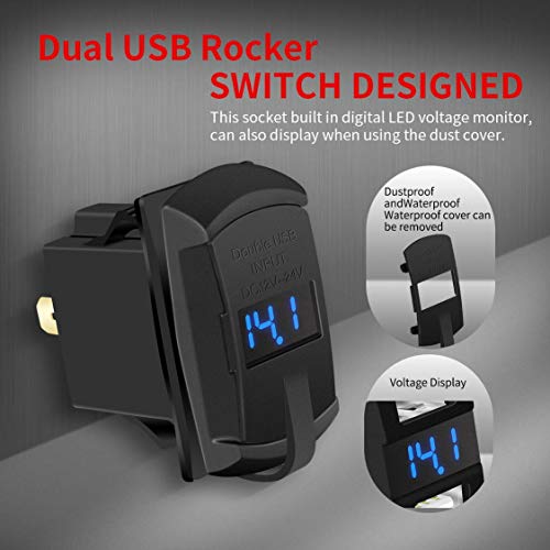 DaierTek Marine USB Rocker Switch 12V Dual Charger Ports 4.2A Waterproof Outlet Socket with Blue Led Digital Voltmeter for Rocker Switch Panel on Boat RV Car Vehicle - color: blue