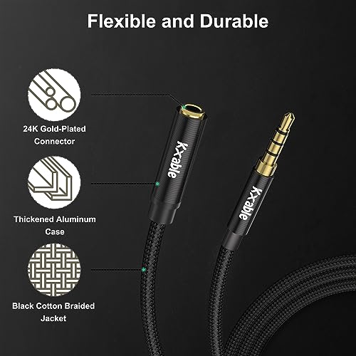2 Pack 3.5mm Headphone Extension Cable 12FT, 4 Pole TRRS 1/8 inch Male to Female Stereo Audio Cord, Nylon Braided, Microphone Compatible, for Headphone, iPad, Smartphone, Media Players, Tablet- Slim - size: 12FT (2-Pack)