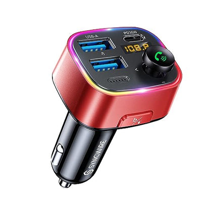 Syncwire Bluetooth 5.4 FM Transmitter Car Adapter 48W (PD 36W & 12W) [Light Switch] [Hi-Fi Deep Bass] [Fast Charge] Wireless Radio Music Adapter LED Display Hands-Free Calling Support USB Drive, Red - color: Red, style: 48W