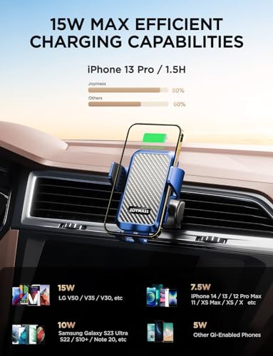 Wireless Car Charger, JOYMASS 15W Fast Charging Auto Clamping Car Charger Cell Phone Holder Mount Vent for iPhone 15 14 13 12 Mini Pro Max, Samsung Galaxy S24 Ultra S23 S22 S21+ Note 20, etc - Blue - color: BLUE