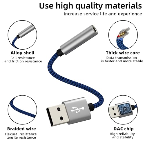 USB to 3.5mm Jack Audio Adapter AUX Headphone Sound Cable Pc Car Microphone External Headset Converter Auxiliary DAC Input Port Stereo Cord Dongle Interface Male Replacement Female for Apple