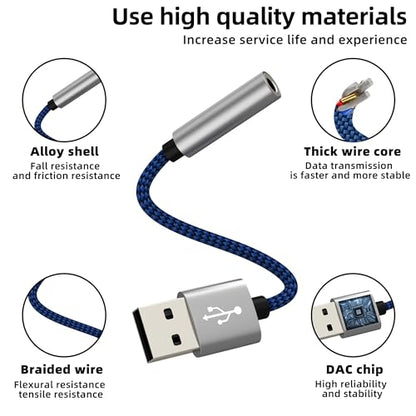 USB to 3.5mm Jack Audio Adapter AUX Headphone Sound Cable Pc Car Microphone External Headset Converter Auxiliary DAC Input Port Stereo Cord Dongle Interface Male Replacement Female for Apple