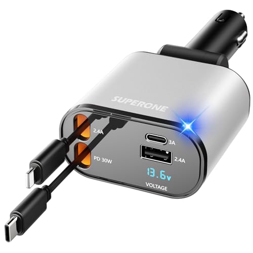 SUPERONE Retractable Car Charger 4 in 1 Fast Car Phone Charger, Silver - color: Silver