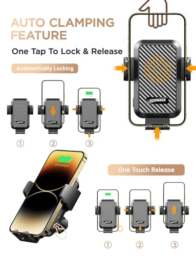 Wireless Car Charger, 15W Fast Charging Auto Clamping Car Charger Cell Phone Holder Mount Vent for iPhone 15 14 13 12 Mini Pro Max 11 XR XS X, Samsung Galaxy S23 Ultra S22 S21+ Note 20, etc - color: BLACK