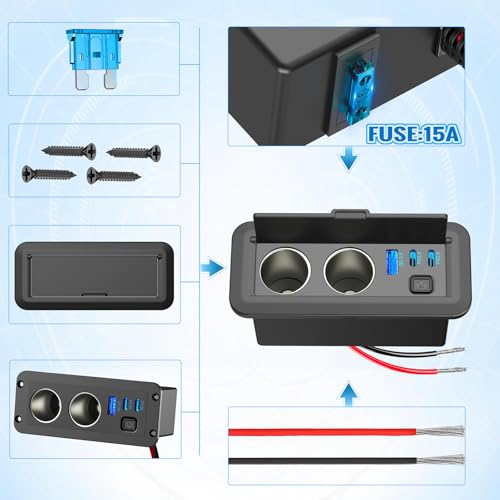 Dual Cigarette Lighter Socket 12V Splitter Panel 78W 12V USB Outlet Dual USB C PD and QC3.0 Port Car Charger Power Outlet with ON/Off Switch 15A Fuse Adapter for Car Boat Marine RV, etc