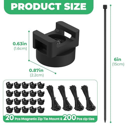 Magnetic Zip Tie Mount with 200pcs Nylon Zip Ties 25LBS Magnetic Wire Holder Multipurpose Magnet Zip Tie Mount, Waterproof Magnet Cable Tie Holders for Automotive Electrical Wiring Management - color: 220 Pack