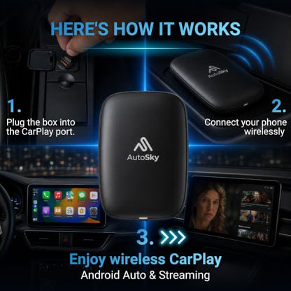 AutoSky AI Box Lite Air – Wireless Adapter for Factory CarPlay – Stream Personal Media & Online Apps via Phone Hotspot – Fast Plug & Play Performance – Works with Authorized Accounts