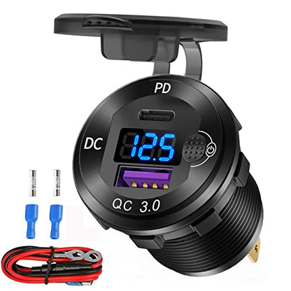 12V USB C Aluminum Car Charger Socket, 12 Volt Outlet, PD 20W and Quick Charge 3.0 18W Car USB Port Waterproof with Voltmeter & Power Switch, Suitable for Marine Truck Motorcycle Boat Golf cart RV - color: Aluminum