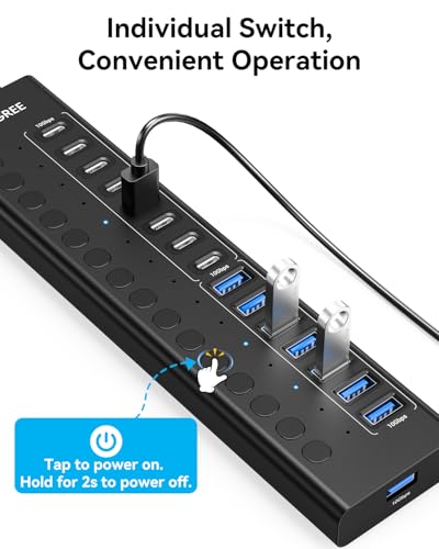 VANGREE Powered USB Hub,16 Ports 10Gbps USB C Hub, 8*USB-A 3.2+8*USB-C 3.2