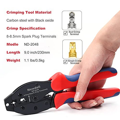Spark Plug Wire Crimper, Newdeli Crimping Pliers for Spark Plug Stripping Tool, ND-2048 for Crimping and Stripping Spark Plug Wire, Dia 8.0-8.5mm,Ratchet spark plug wire crimping tool - style: ND-2048 for spark plug terminals