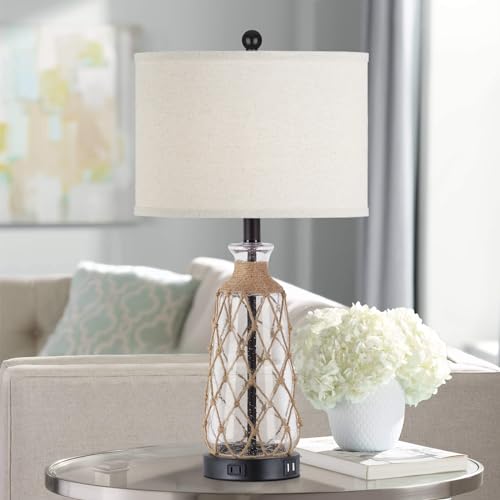Ruzectt 25.5" Coastal Glass Table Lamps Set of 2, 3-Way Dimmable Touch Control Bedside Lamps with 2 USB Ports and AC Outlet, Clear Nautical Nightstand Lamp for Bedroom Living Room (LED Bulbs Included) - color: Clear