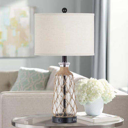 Ruzectt 25.5" Coastal Glass Table Lamps Set of 2, 3-Way Dimmable Touch Control Bedside Lamps with 2 USB Ports and AC Outlet, Clear Nautical Nightstand Lamp for Bedroom Living Room (LED Bulbs Included) - color: Clear