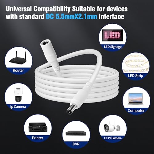 12V DC Power Extension Cable 10 Feet (2-Pack), 5.5 mm x 2.1 mm 5521 Male to Female 5V 9V 12V 24V Plug Supply Adapter Power Cord for CCTV Security Camera, IP Network, DVR Standalone, LED Strip, Router