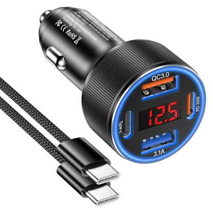 Car Charger for iPhone 17 16 15 Pro Max, Besgoods 4-Port Cigarette Lighter Adapter USB C & USB A Car Phone Charger Fast Charging Voltmeter for Galaxy S25 S24 S23 A15 A54 Android, 6ft USB C to C Cable - color: black charger+black cable