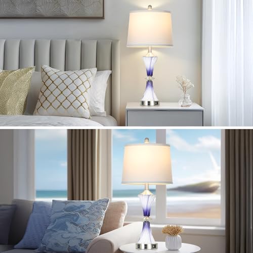 Rinweey Purple Glass Table Lamp Set of 2 with USB C+A Ports & AC Outlet, Bedside Lamp, Modern Bedroom Lamps, Crystal Lamp for Night Stands Bedroom Living Room,Nightstand Lamp LED Bulbs Included - color: Purple