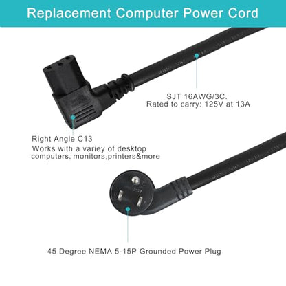 6FT Replacement Computer Monitor Power Cord - Low Profile Flat Plug NEMA 5-15P to Right Angle C13 Power Cord, 13A 125V, 16AWG, Black Replacement Printer/TV/PC 3 Prong AC Power Cord - size: 6FT