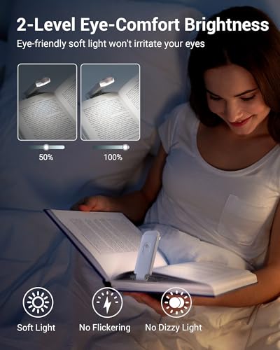 DEWENWILS Book Reading Light with Clip, USB Rechargeable Booklight for Reading in Bed, Eye Care LED Book Lamp for Kids, Bookworms,2 Brightness Levels (White) - color: Daylight