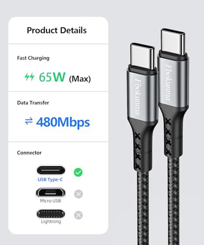 50.8cm(20인치) 짧은 USB C to USB C 케이블, 3팩 1.6피트 65W 충전기 케이블 PD 고속 충전 타입 C to 타입 C 코드 브레이디드 삼성 갤럭시 S23 S22 S21, 노트 20/10 울트라, 아이패드 프로, 보조 배터리용 - size: 1.6피트