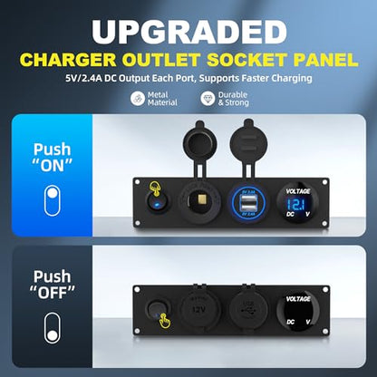 RVMARINEPAT 4 in 1 Charger Outlet Socket Panel 12V DC 4.8A Dual USB Power Outlet & 12 Volt Cigarette Lighter Socket & LED Voltmeter & Lighted ON/Off Rocker Toggle Switch for Marine Boat Truck RV Car - color: BLUE