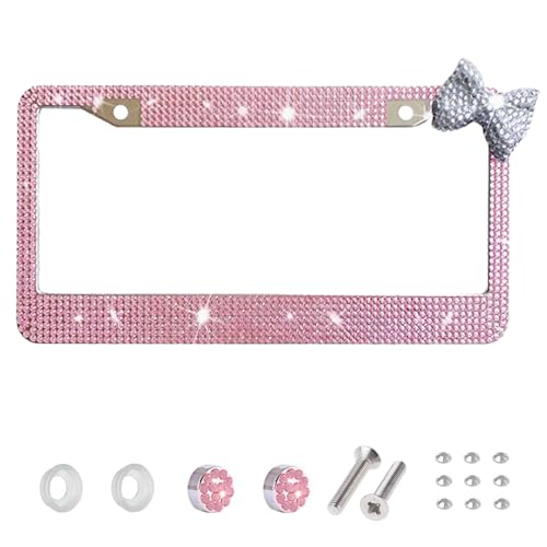 Wanheart 1 Pack Pink Bling License Plate Frame with White Corner Bow - color: Pink Frame + White Bow