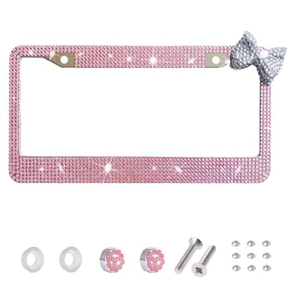 Wanheart 1 Pack Pink Bling License Plate Frame with White Corner Bow - color: Pink Frame + White Bow