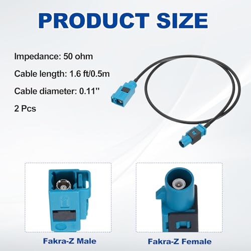 uxcell 2Pcs Antenna Extension Cable, 1.6ft/0.5m Longer Fakra-Z Male to Fakra-Z Female RF Coax Cable for Car Stereo Head Unit GPS Navigation FM AM Radio RG174 - size: 1.6ft/0.5m