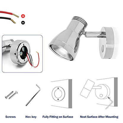 THALASSA 3W RV Stepless Dimmable Reading Light for Boat 12V Interior Lights Camper Caravan Vehicle Motorhome Bedside Lamp DC 10-30V Warm White, Polished Chrome, with Built-in Touch Switch - color: Polished Finish without USB
