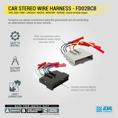 Scosche FD02BCB Car Stereo Wiring Harness with Crimp Connectors Compatible with Select Non-Amplified 1985-2004 Ford, Lincoln, Mazda, Mercury and Nissan - Check Vehicle List in Images for Your Model - style: Wire Harness w/ Pre-Installed Wire Connectors