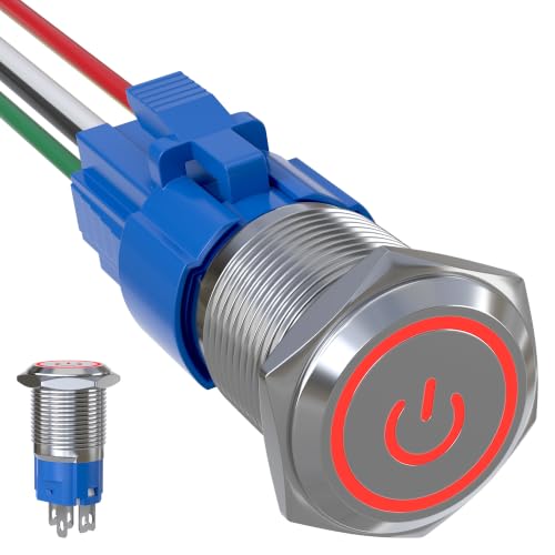 16mm Latching Push Button Switch 5A 12V Power Symbol LED Ring SPDT - color: Silver Shell-Red