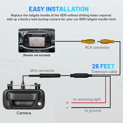 EWAY Tailgate Handle Rear Backup Camera for 2004-2016 Ford F150 F250 F350 F450 F550 Super Duty Explorer Lobo, Lincoln Mark LT Tailgate Latch Door Handle Reverse Back Up Camera RCA Connector w/Key Hole
