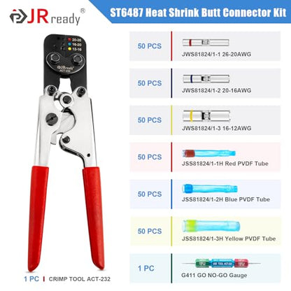 JRready ST6487 AS81824 Crimp Splices Kit with ACT-232 Crimp Tool (M22520/37-1 Equivalent) G411 Go-No Go Gauge 150 Sets Environmental Copper Splices & PVDF Tubes Waterproof Butt Connectors - color: 150Sets Butt Splice Connectors with Crimper