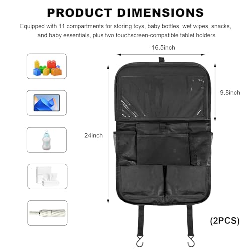 2 PCS Car Backseat Organizer with Tray, Waterproof Back Seat Protector with Touch Screen Tablet Holder, 11 Storage Pockets Anti-Scratch Kick Mat Universal for Family Road Trips